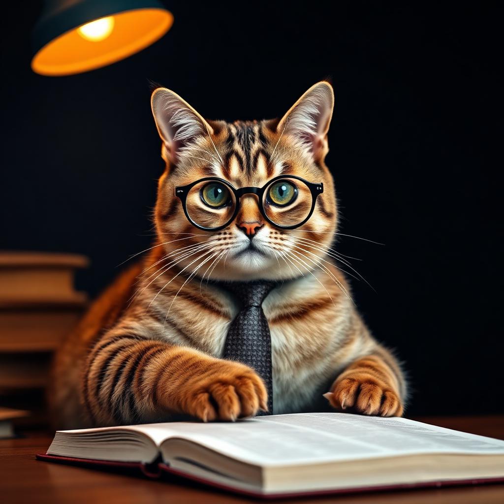 Chat avec lunettes posant la patte sur un manuel de maths